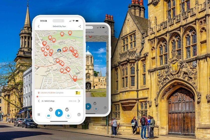 A smartphone displaying a map with tour locations, a historic building, and people on the street. 3