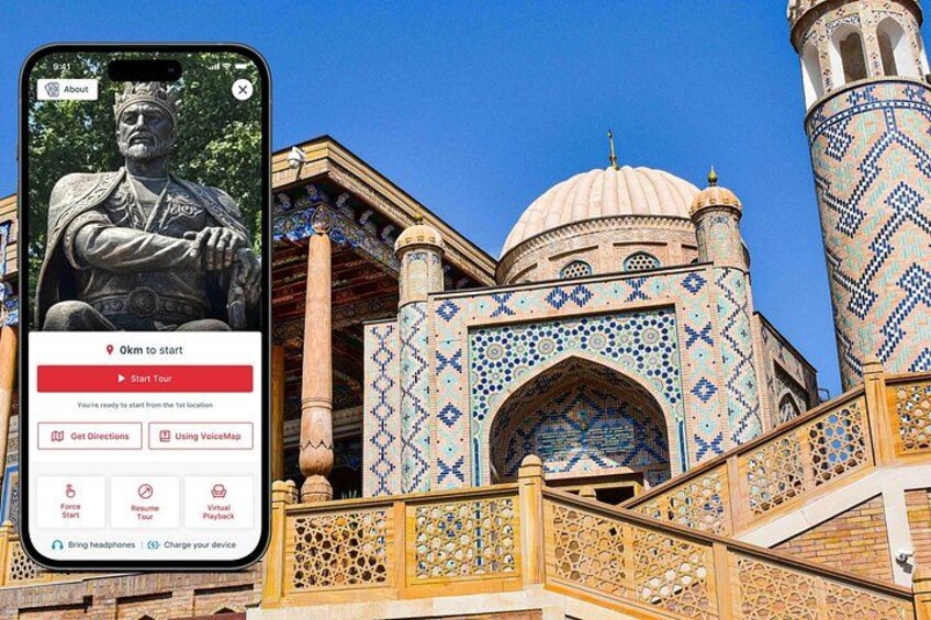 A smartphone displaying a tour app with a statue and a mosque with intricate tile work. 1