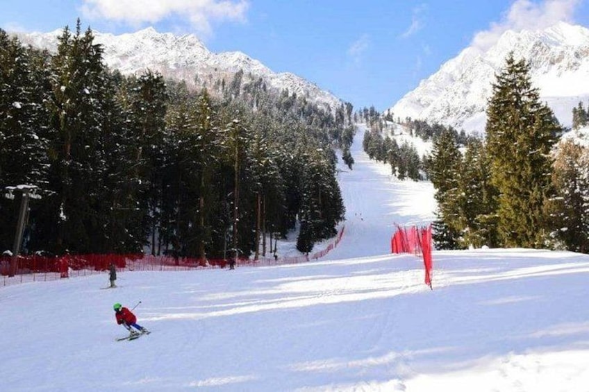 A snowy ski slope with a skier, trees, and mountains in the background. 2