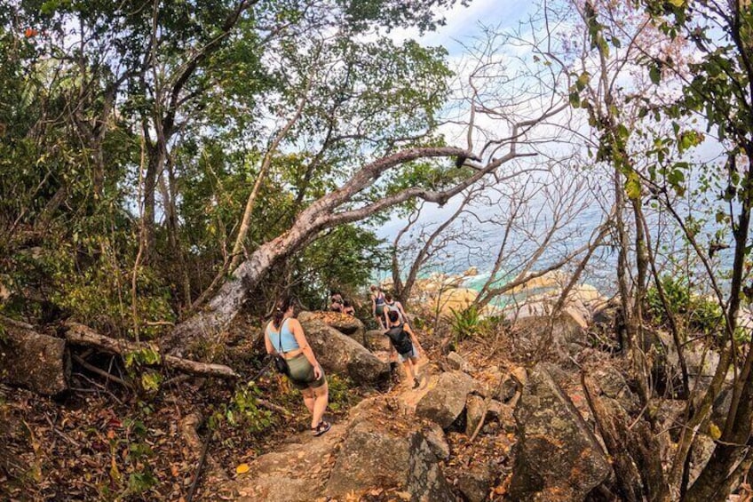 A rocky trail with hikers in a forested area. 4