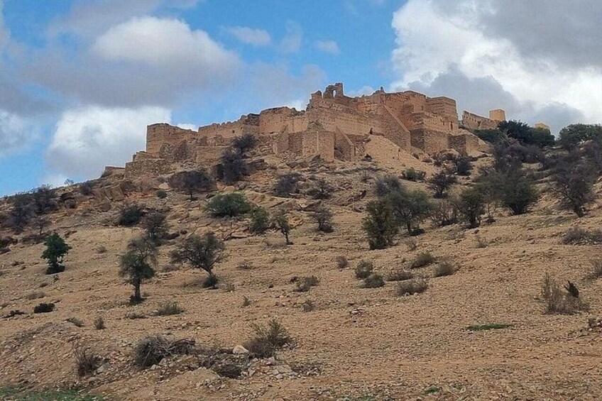 Una gran fortaleza antigua sobre una colina, con vegetación escasa. 5