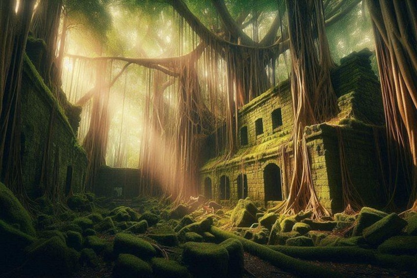 A dilapidated stone building surrounded by dense, overgrown vegetation in a forest. 2