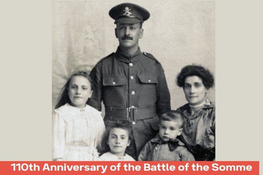 A historical black and white family portrait with a caption indicating the 110th anniversary of the Battle of the Somme. 1