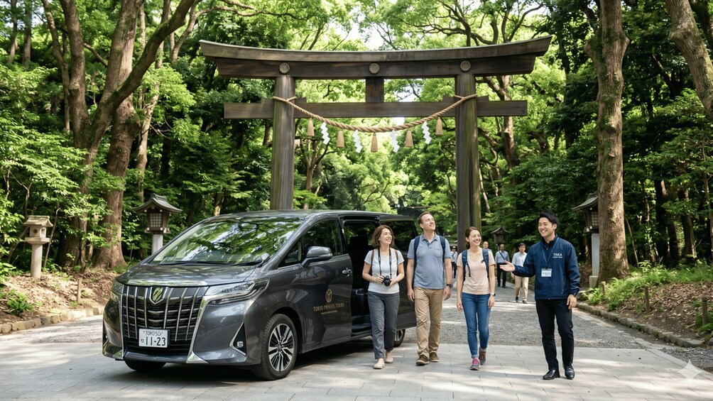 A Toyota SUV parked in a forested area with a traditional Japanese torii gate in the background. 1