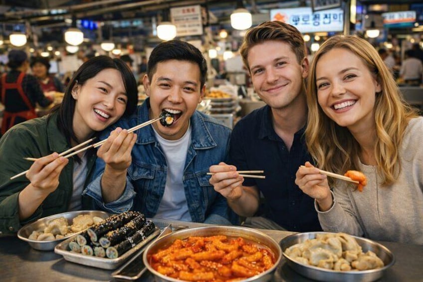 Three people dining at a restaurant with various dishes including sushi and a bowl of red curry. 1
