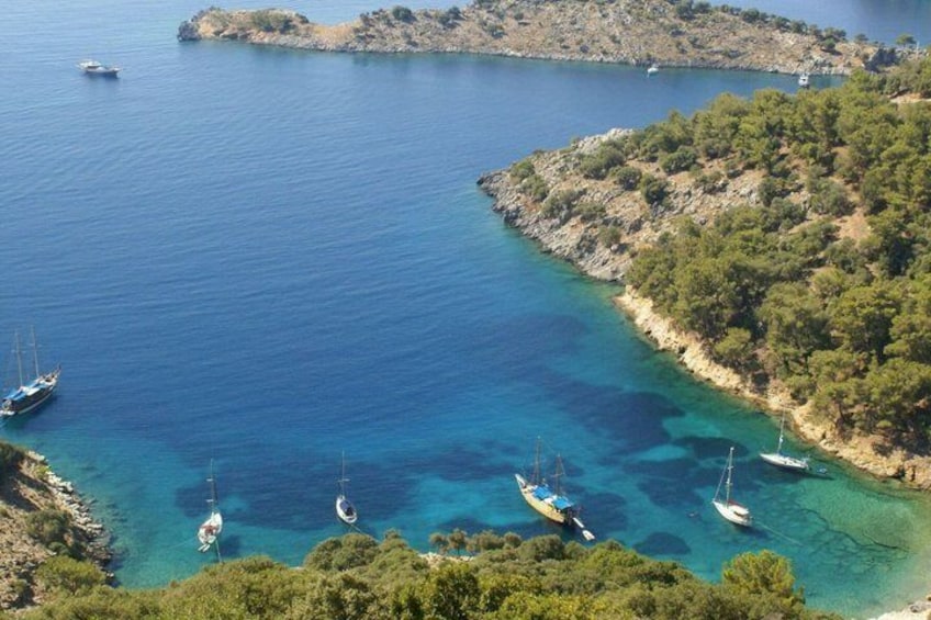 A coastal bay with clear turquoise waters, several anchored boats, and a rocky shoreline with dense green vegetation. 2