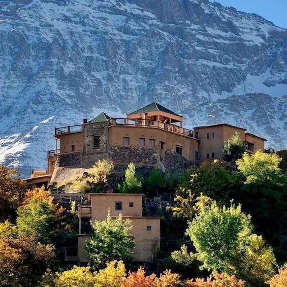 A mountain house with a stone facade, surrounded by trees and snow-capped mountains. 1