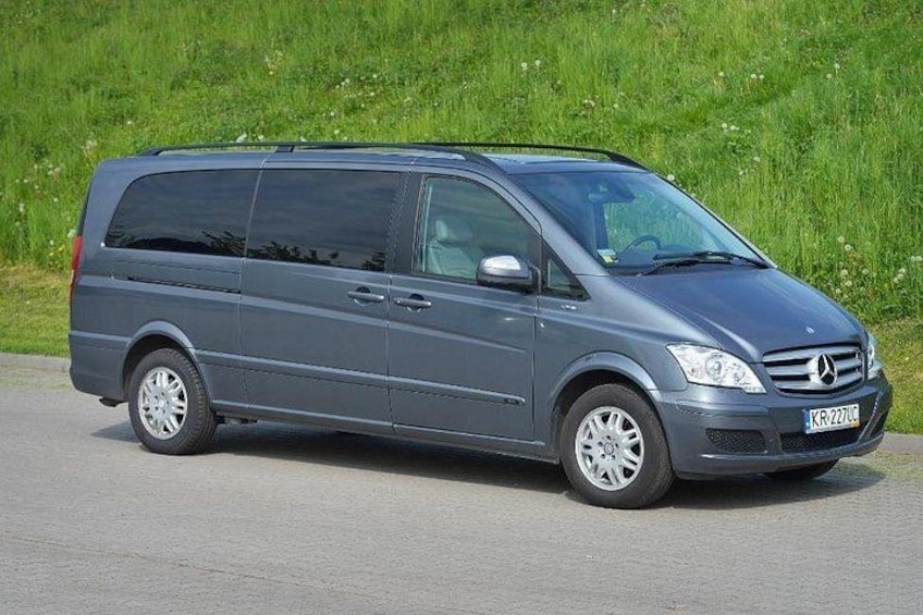 A gray Mercedes van parked on a road with a green field in the background. 5
