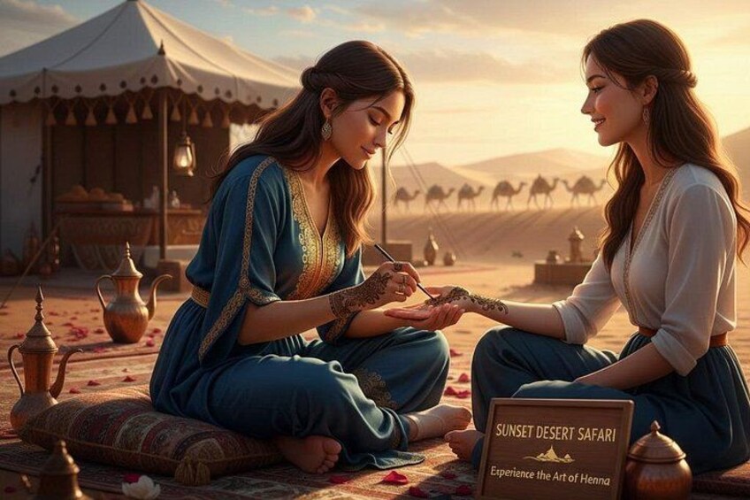 Two women sitting on a carpet in a desert setting with tents and camels in the background. 2