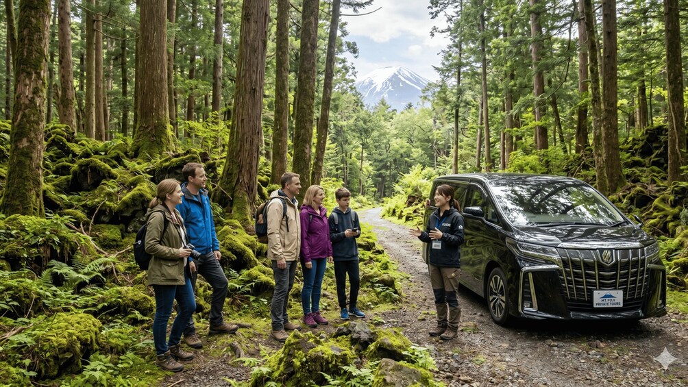 A group of people standing on a forest trail with a vehicle parked nearby. 1