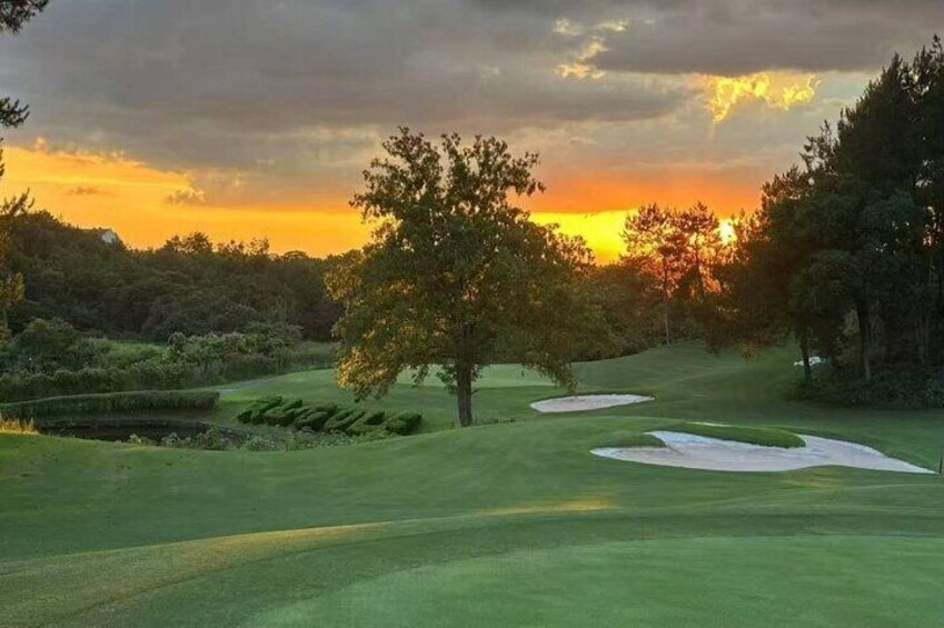 Un terrain de golf au coucher du soleil, avec des bunkers de sable et un arbre au premier plan. 1