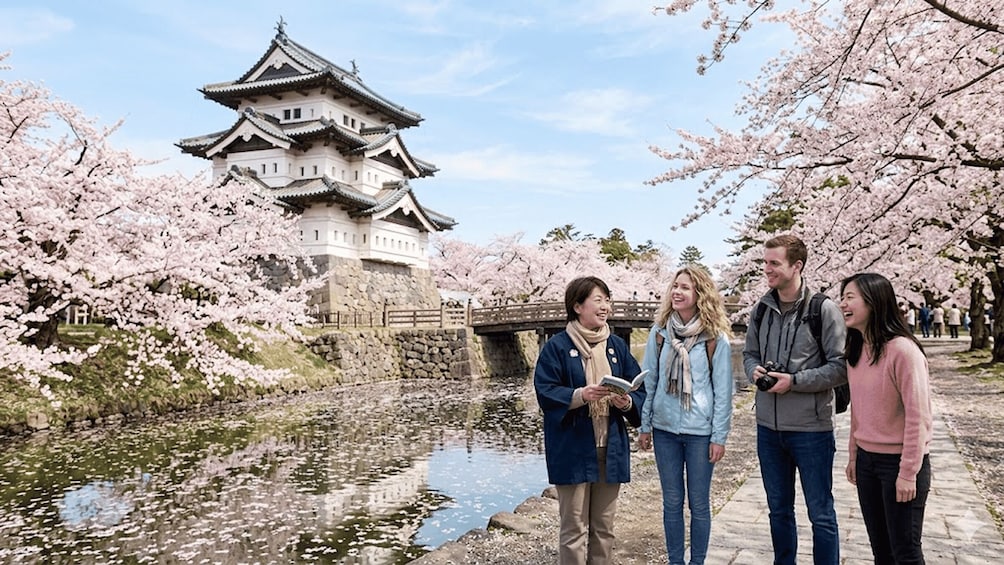 A castle with cherry blossoms and a river. 1