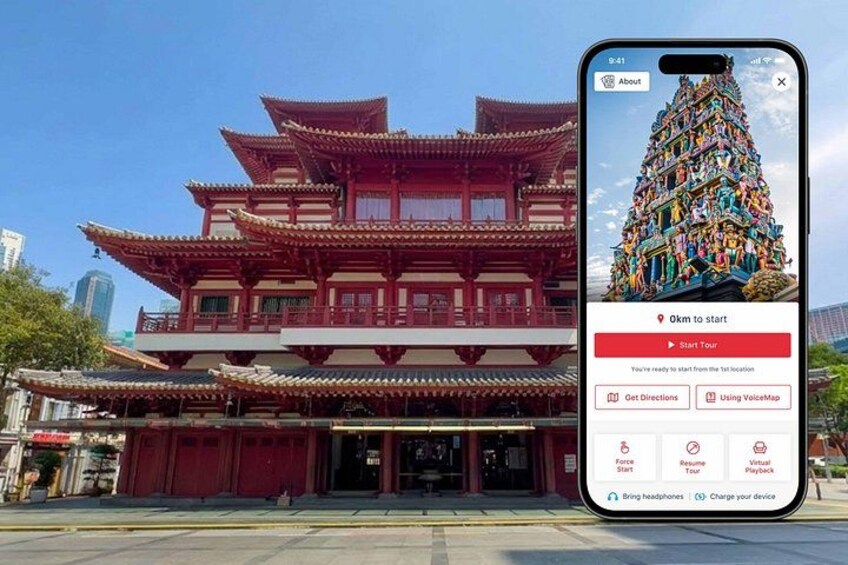 A traditional building with multiple tiers and red roofs, a smartphone displaying a map with a 'Start Tour' button, and a 'Bring headphones' option. 1