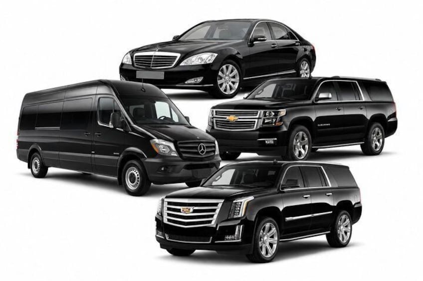 Quatre véhicules noirs : une berline, un fourgon, un VUS et un VUS de luxe. 1