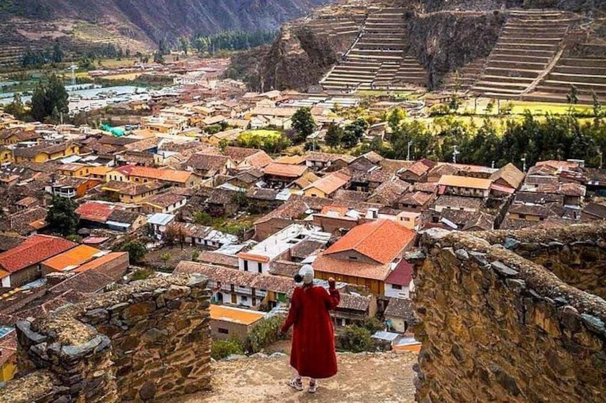 A person in a red robe overlooking a terraced agricultural landscape with traditional buildings. 5