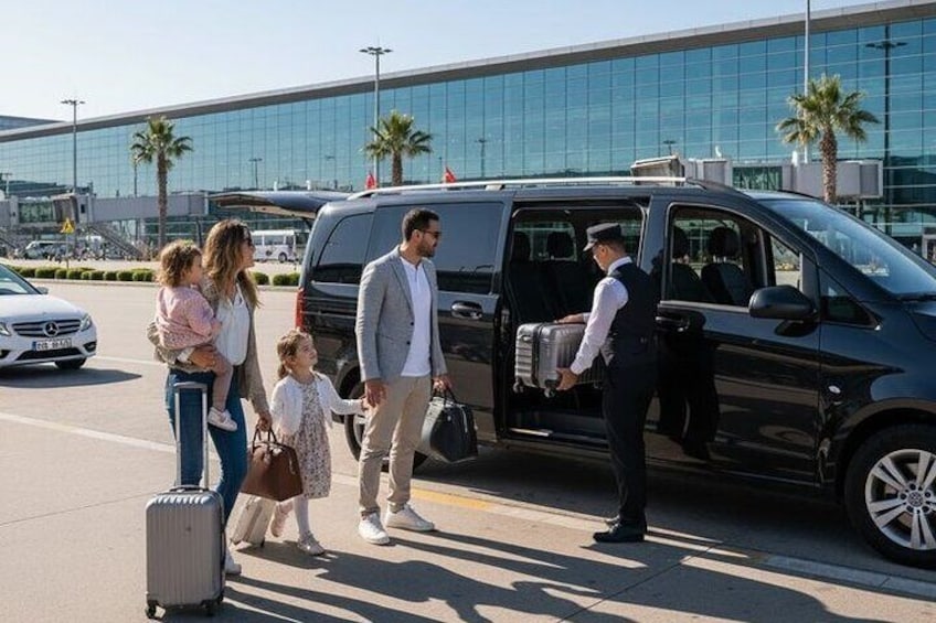 Une famille avec des bagages dans un aéroport, un fourgon noir et des palmiers en arrière-plan. 3