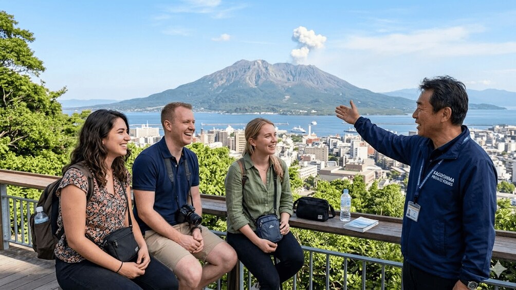 A group of people on a balcony overlooking a city with a volcano in the background. 1