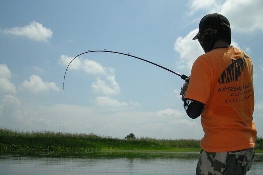 A person fishing by a calm body of water with a clear sky. 2