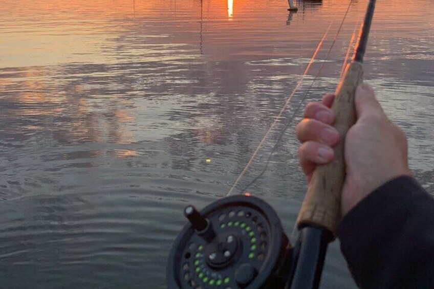 A person holding a fishing rod over water with a sunset in the background. 1