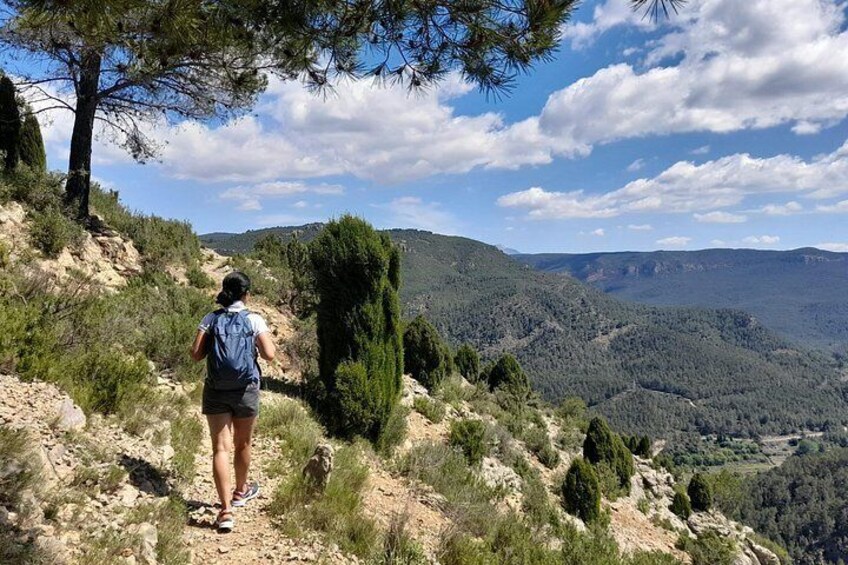 Un excursionista en un sendero rocoso, con un paisaje montañoso al fondo. 5
