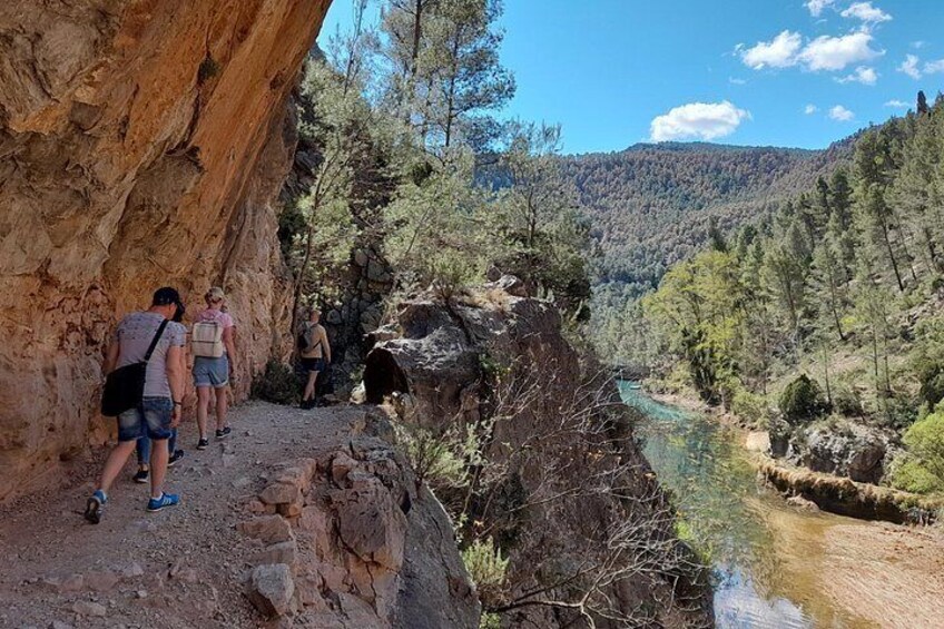 Senderistas en un sendero rocoso con un río y colinas boscosas al fondo. 4