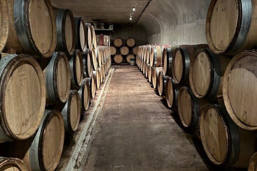 Filetta di botti di legno in una cantina scarsamente illuminata, simile a un tunnel. 2
