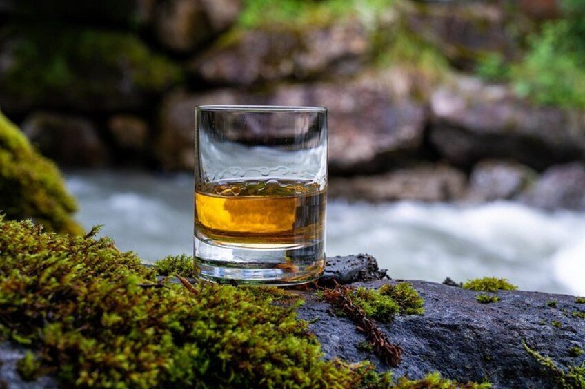 Un vaso de líquido ámbar sobre una roca cubierta de musgo junto a un río que fluye. 1