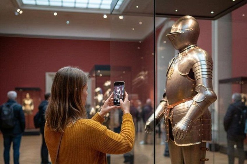 A person taking a photo of a golden armored figure in a museum. 5