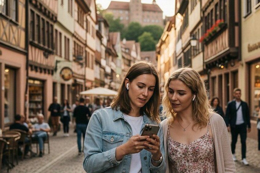 Two people looking at a smartphone in a street with buildings and people in the background. 2