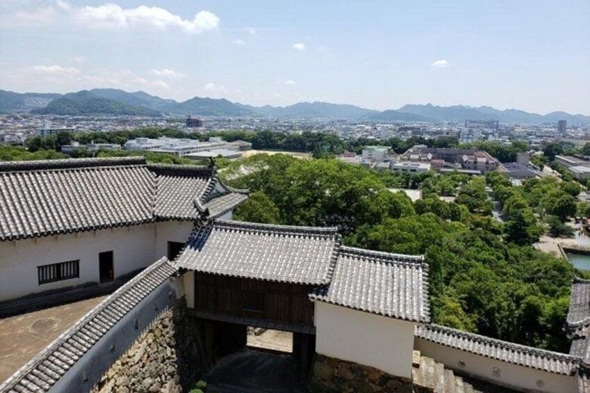 Traditional Japanese architecture with tiled roofs, surrounded by lush greenery and a cityscape in the background. 5