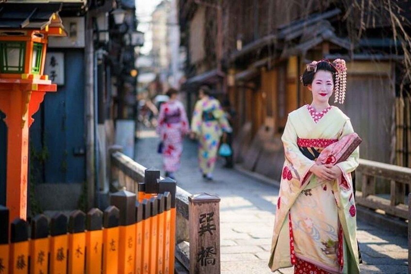 A traditional Japanese street with a person in a kimono walking down the path. 1