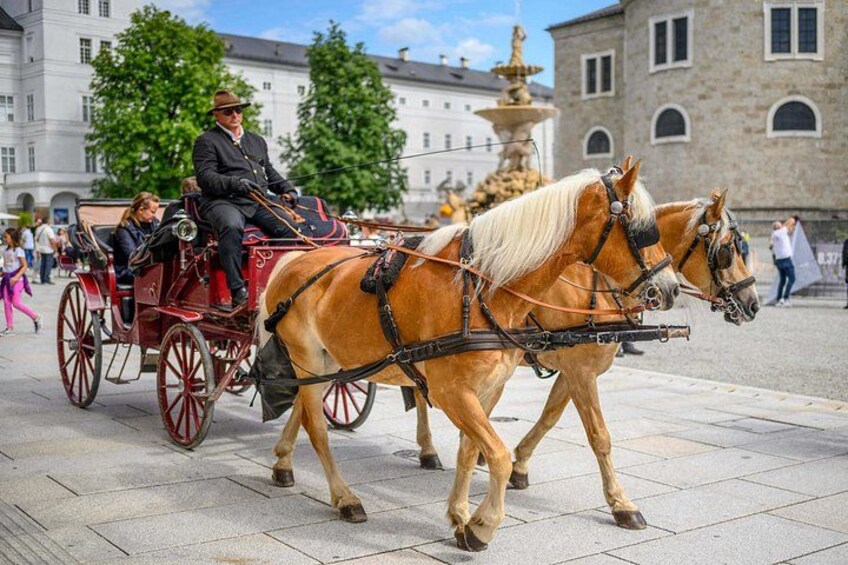 A horse-drawn carriage with passengers in an urban setting. 4