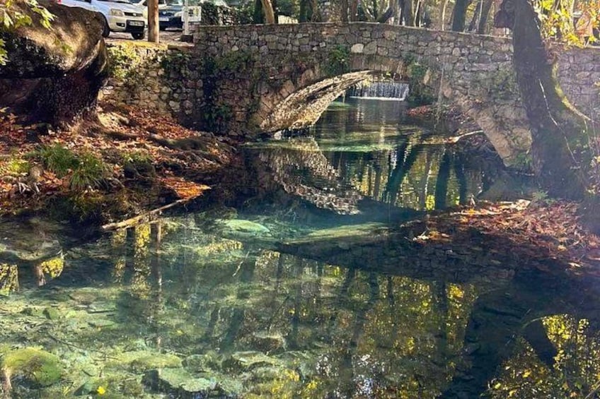 A stone bridge over a clear water body with reflections, surrounded by trees and foliage. 3