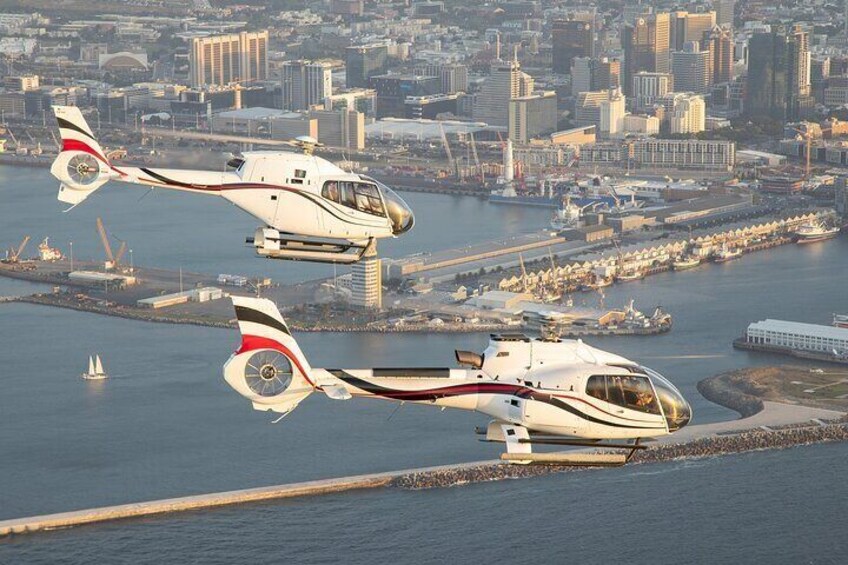 Zwei Hubschrauber fliegen über einer Skyline mit Gebäuden und einem Yachthafen. 5