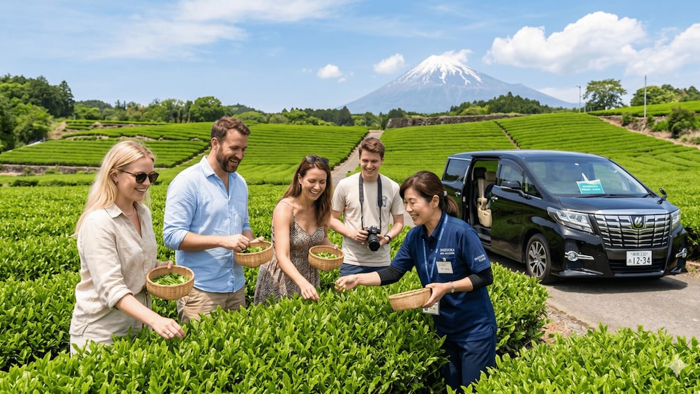 A group of people in a tea plantation with a car and a mountain in the background. 1