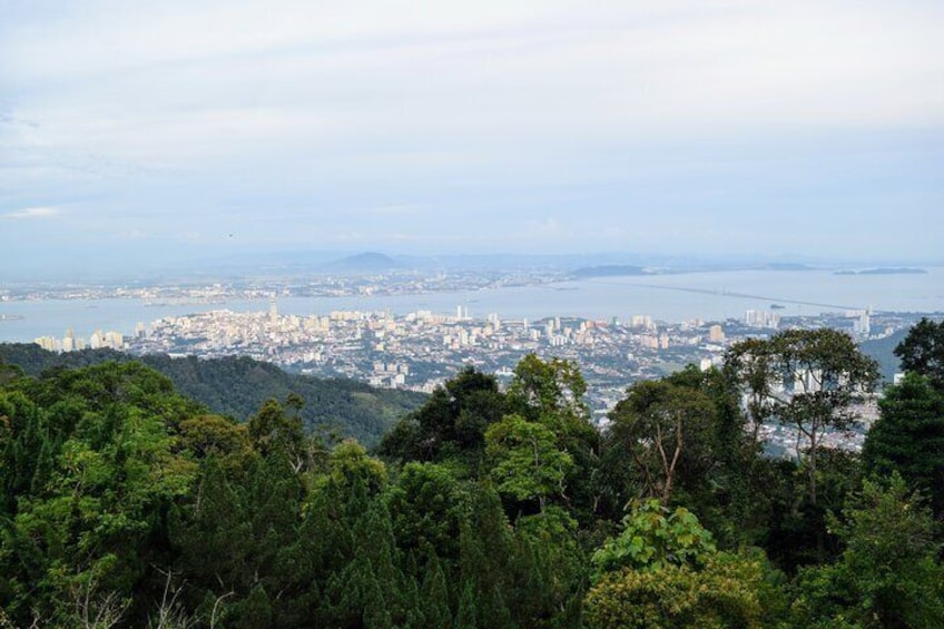A cityscape with a view of the ocean and hills. 1