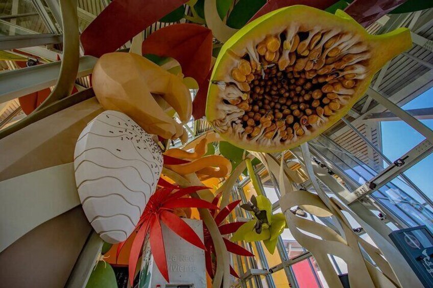Een grote, open papaja met zaadjes die eruit vallen, omringd door kleurrijke decoraties en een wit object met een golvend patroon. 2