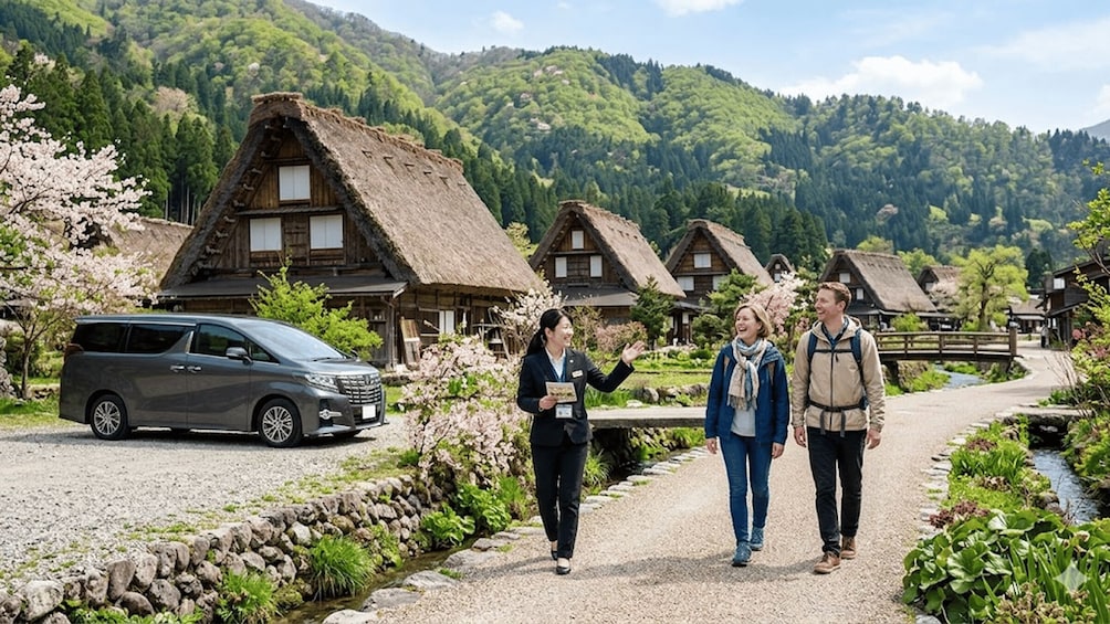 A rural area with traditional thatched-roof houses, a gravel path, and a parked car. 1