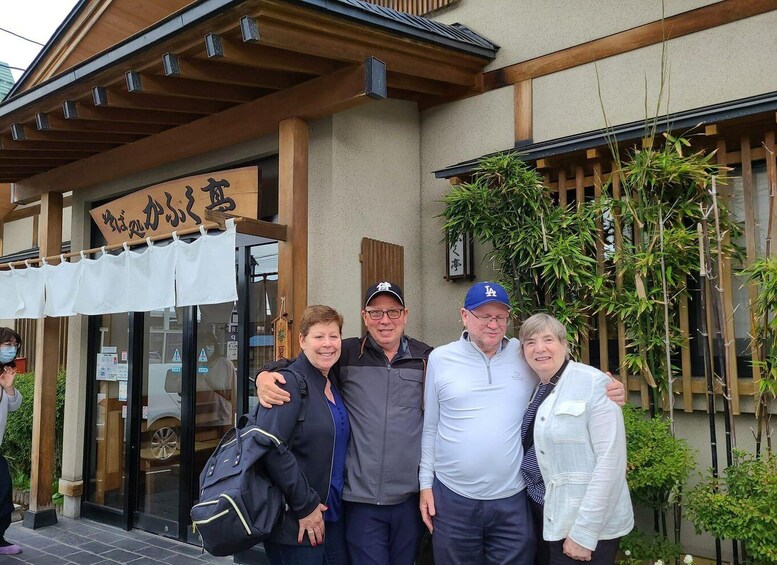 A group of people standing in front of a building with a sign that reads 'Kobayashi Kiyoshi.' 5