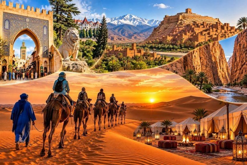 A desert landscape with a caravan of camels, tents, and a historic fort. 1