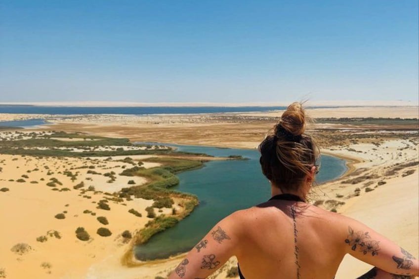A person with tattoos on their arms overlooking a desert landscape with a river. 4
