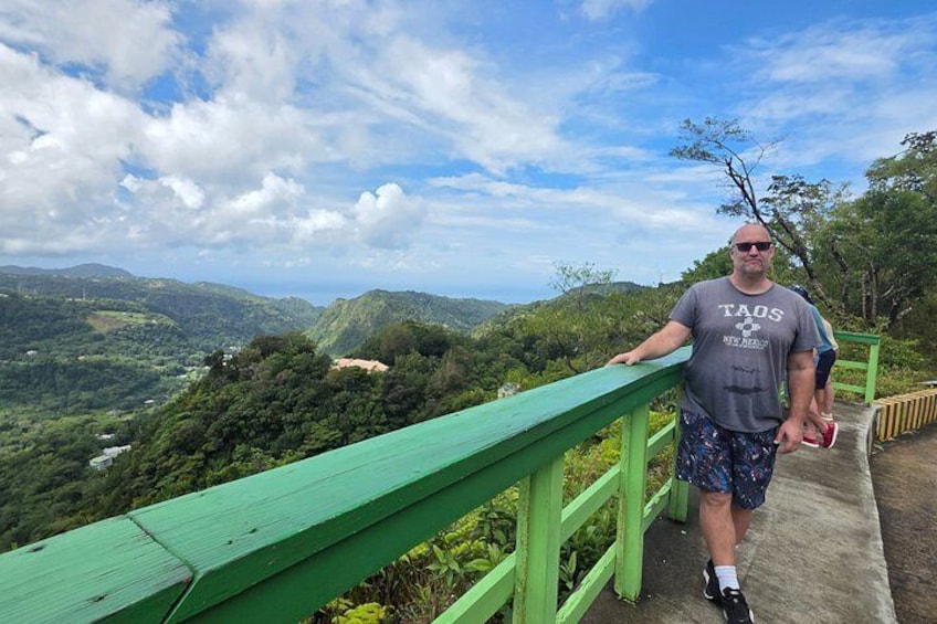 A person standing on a green railing overlooking a mountainous landscape. 3
