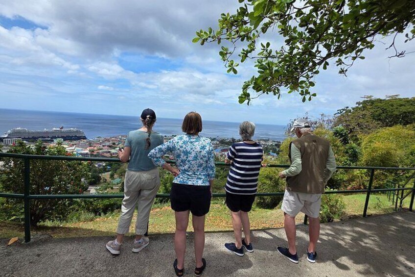 Four people standing on a concrete path overlooking a coastal town and the sea. 5
