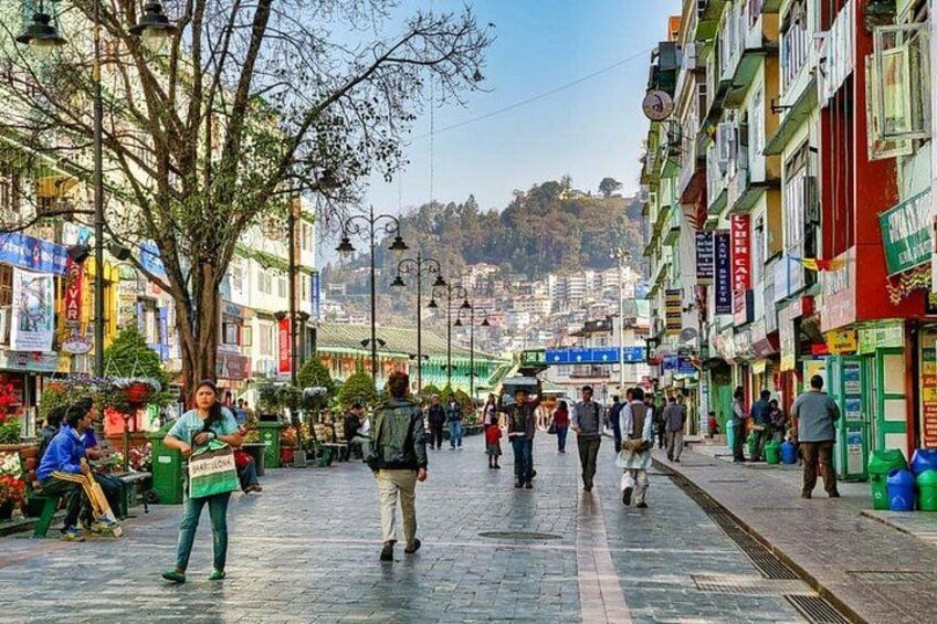 A bustling street with pedestrians, colorful buildings, and a tree-lined path. 3