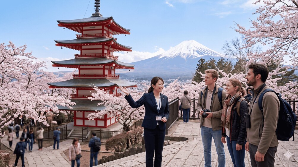 A pagoda, cherry blossoms, and a snow-capped mountain in the background. 1