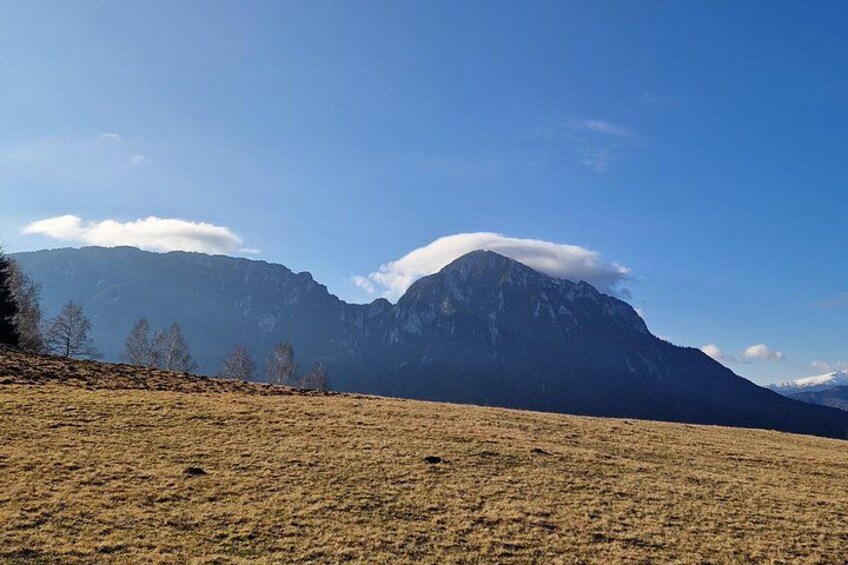 A mountain range with a clear sky, a grassy field, and a few trees. 2
