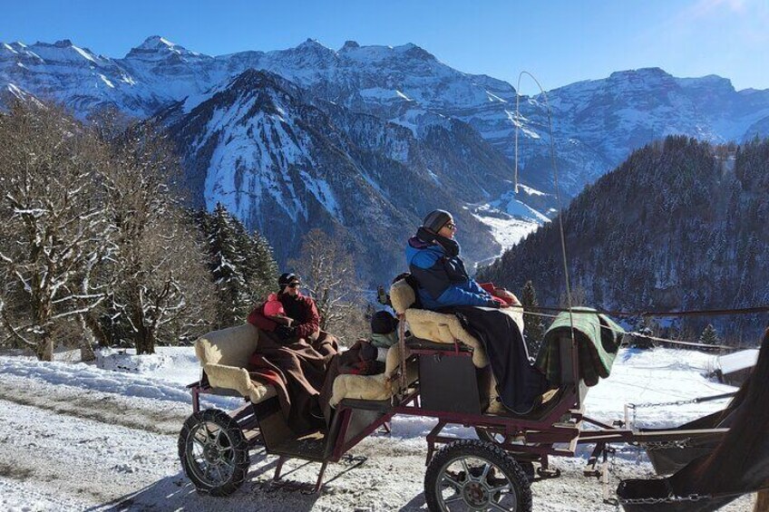 A snow-covered landscape with mountains in the background. 1
