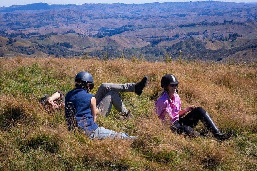 Relaxing at lunch. Taking in views of northern Rangitikei Hill Country. 2