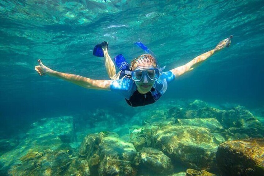 Una persona bucea bajo el agua con aletas y máscara. 3