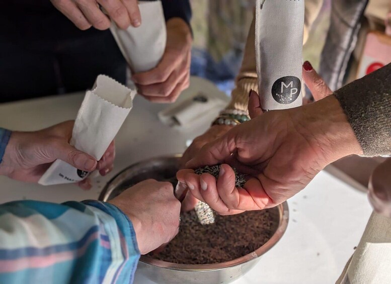 People handling and sorting seeds in a communal setting. 2